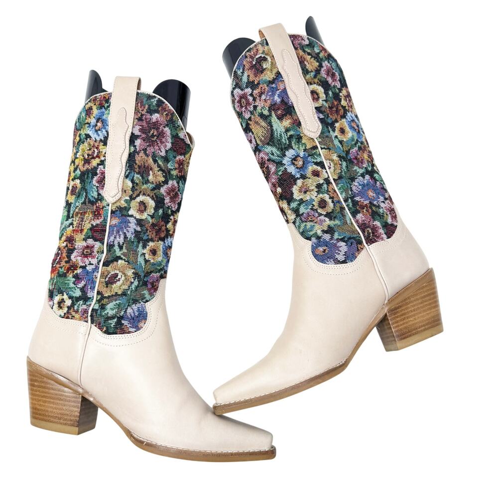 Jeffrey Campbell Tan/Multicolor Leather & Tapestry Western Boots Size 7 Pull On - Picture 5 of 8